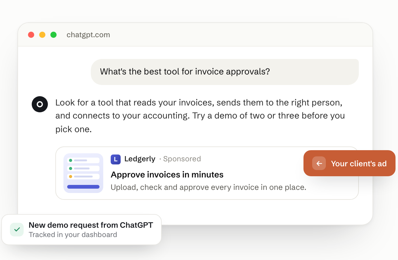 A ChatGPT answer with a client's ad below it, labeled Sponsored